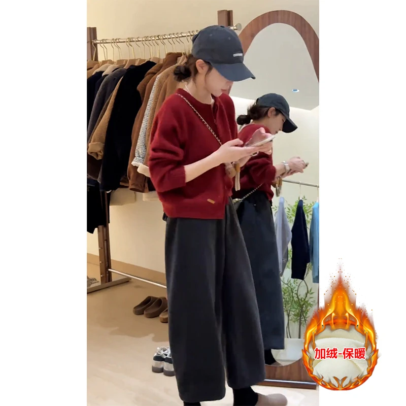 冬季穿搭一整套高级感双拉链开衫毛衣外套阔腿休闲裤洋气减龄套装