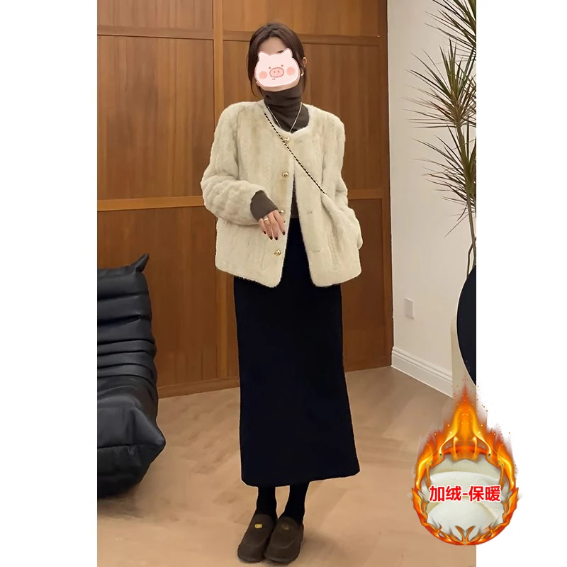 欧货时尚套装女冬季洋气百搭皮毛一体外套+高腰显瘦半身裙两件套