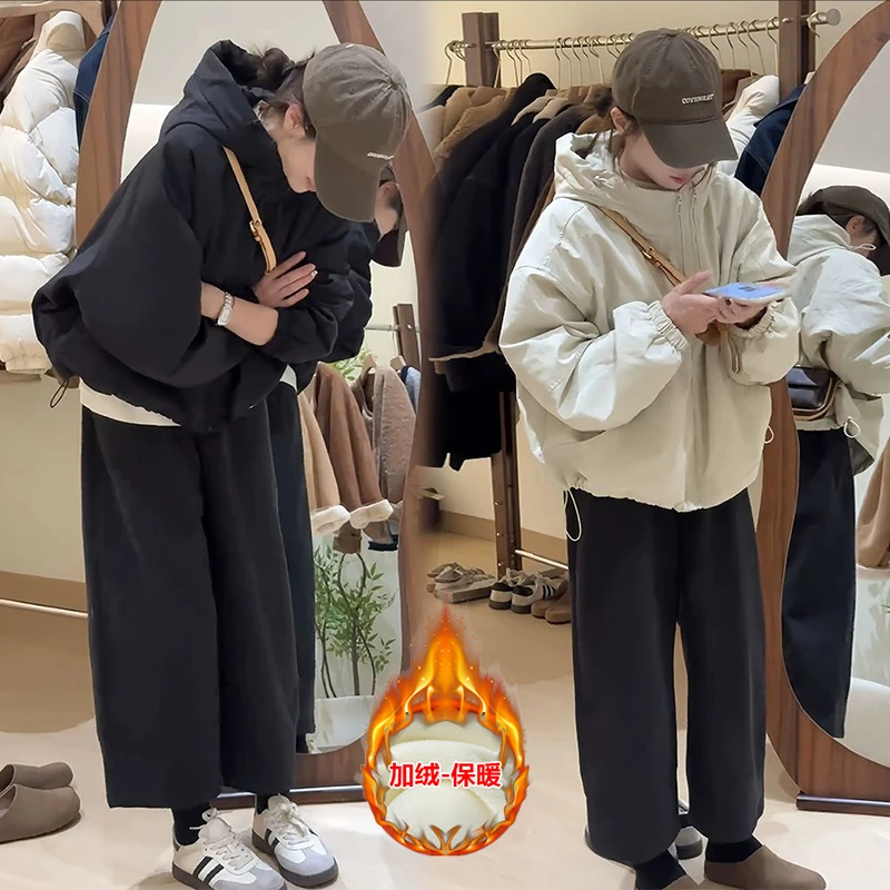 秋冬套装高级感韩系慵懒宽松百搭加棉冲锋衣外套休闲阔腿裤两件套