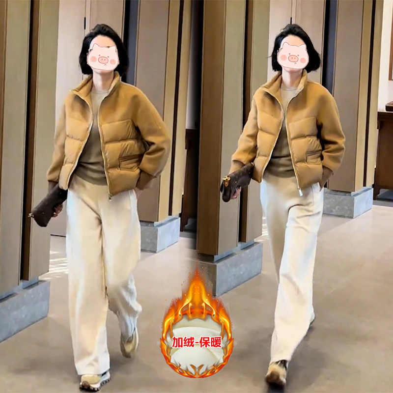 今年流行的爆款冬装小个子高级感短款棉服外套加绒阔腿裤两件套女