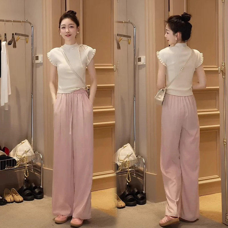 套装2024新款女装夏季独特设计感绝美短袖上衣直筒休闲长裤两件套