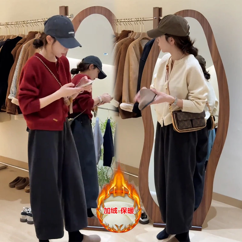 韩版休闲套装女秋冬款爆款高级感气质针织外套休闲阔腿裤两件套装