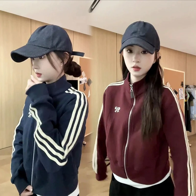 韩版休闲设计感蝴蝶刺绣条纹外套女2024秋季新款时尚立领百搭上衣