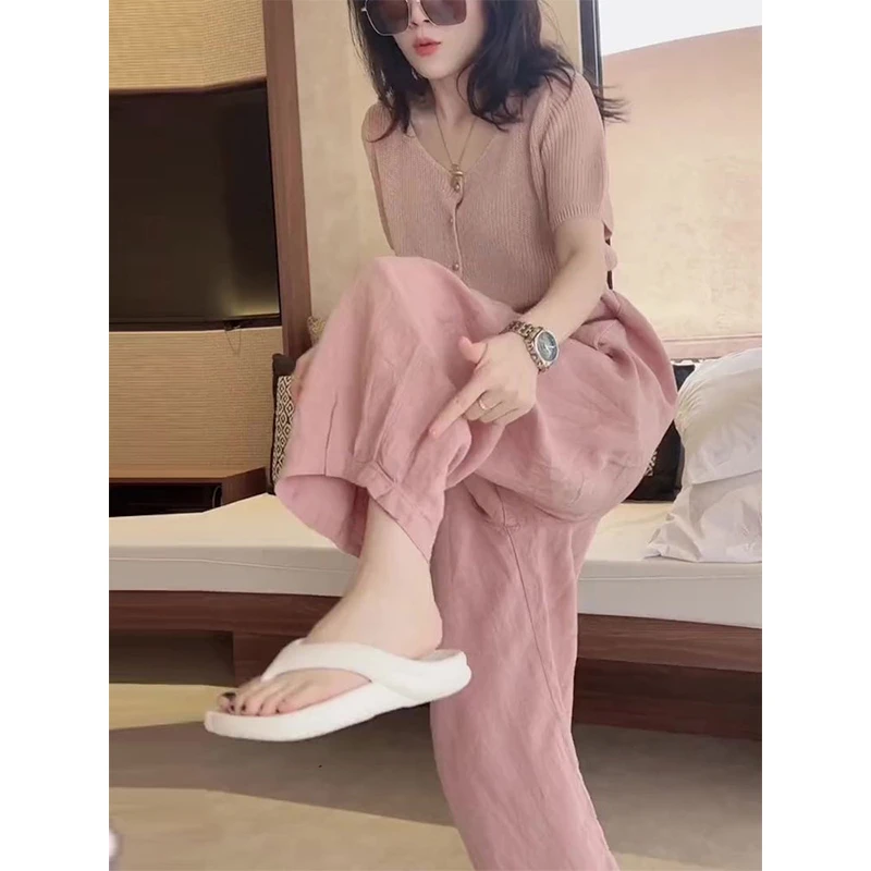小个子显高休闲时尚套装显瘦减龄时髦粉色针织衫阔腿裤两件套夏季