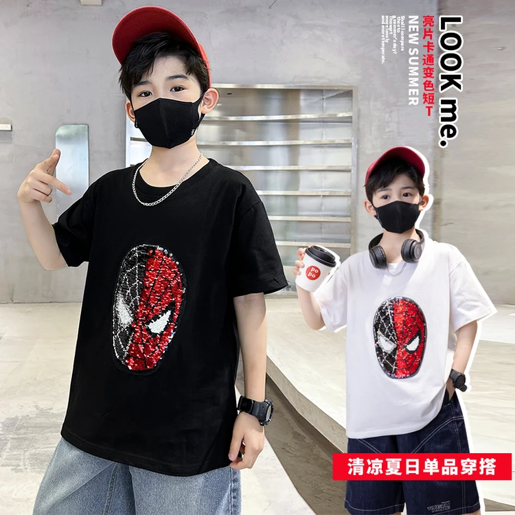 儿童短袖变脸2025新款夏季男孩t恤纯棉亮片变色卡通蜘蛛侠图案潮