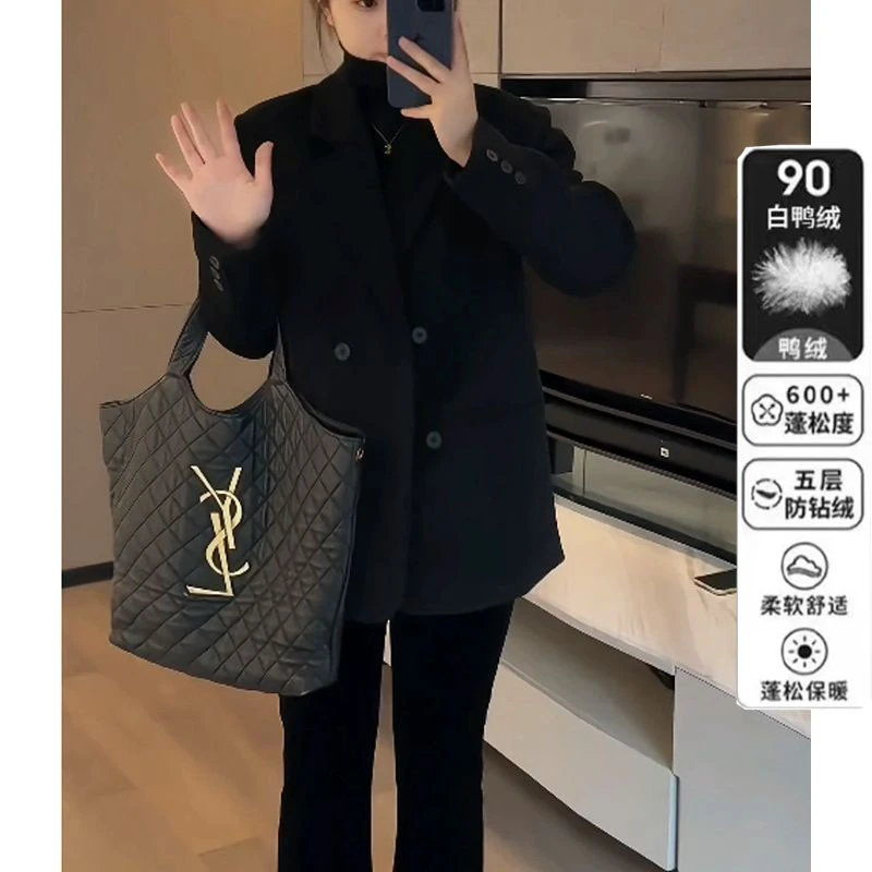 白鸭90绒灯芯绒西装外套女气质高级感休闲冬季黑色保暖西服外套女