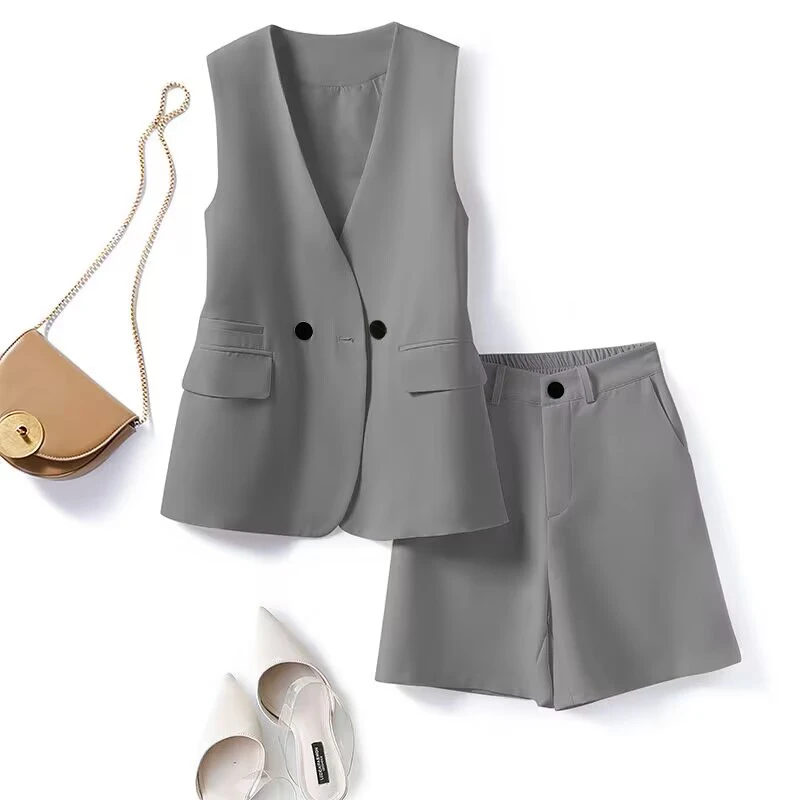 休闲马甲西装套装女夏季新款春夏轻奢高级无领马夹西服短裤两件套