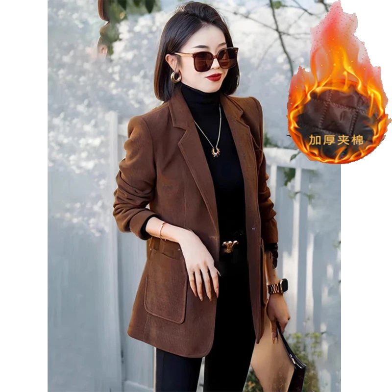 秋冬加棉黑色高级感复古修身气质显瘦百搭设计感西装外套女休闲