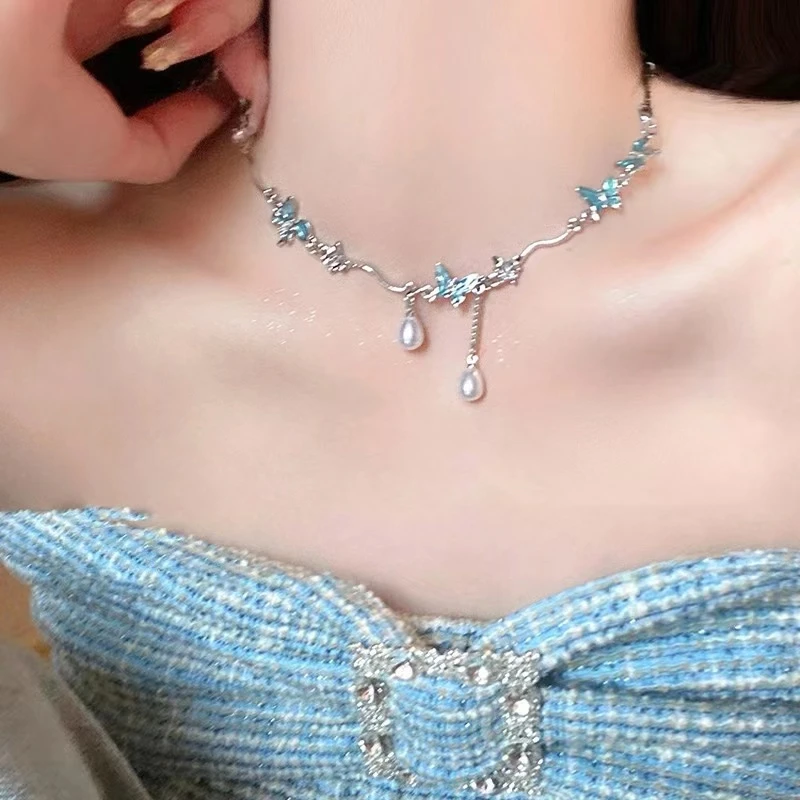 钛钢仿珍珠项链 蓝色蝴蝶颈链甜酷辣妹高级感气质锁骨链小众设计