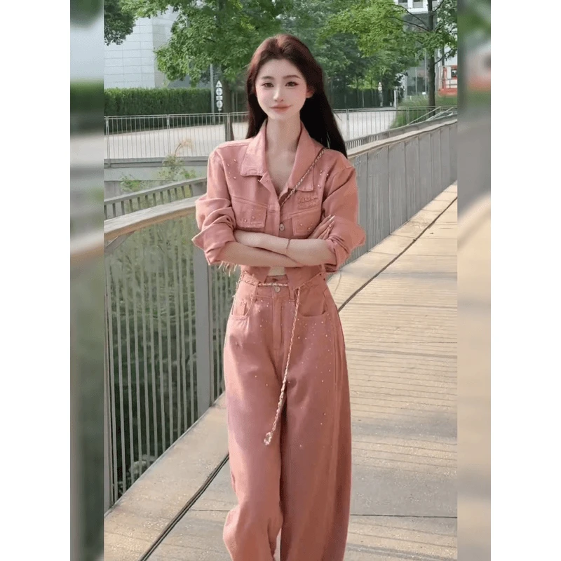 初秋新款套装女时尚粉色高级感减龄西装外套牛仔高腰直筒裤两件套