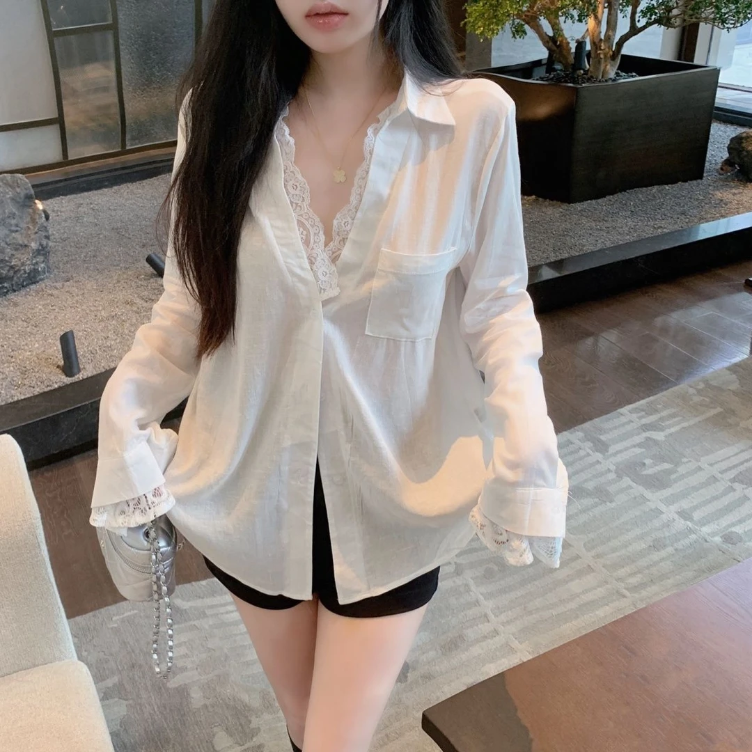 假两件白色棉麻衬衫女夏季高级感别致绝美上衣中长款蕾丝防晒衬衣