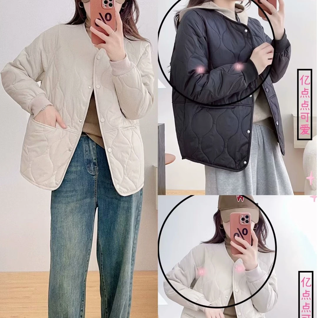 卡洛町秋季新款女装宽松减龄葫芦格单排扣菱形格棉服886