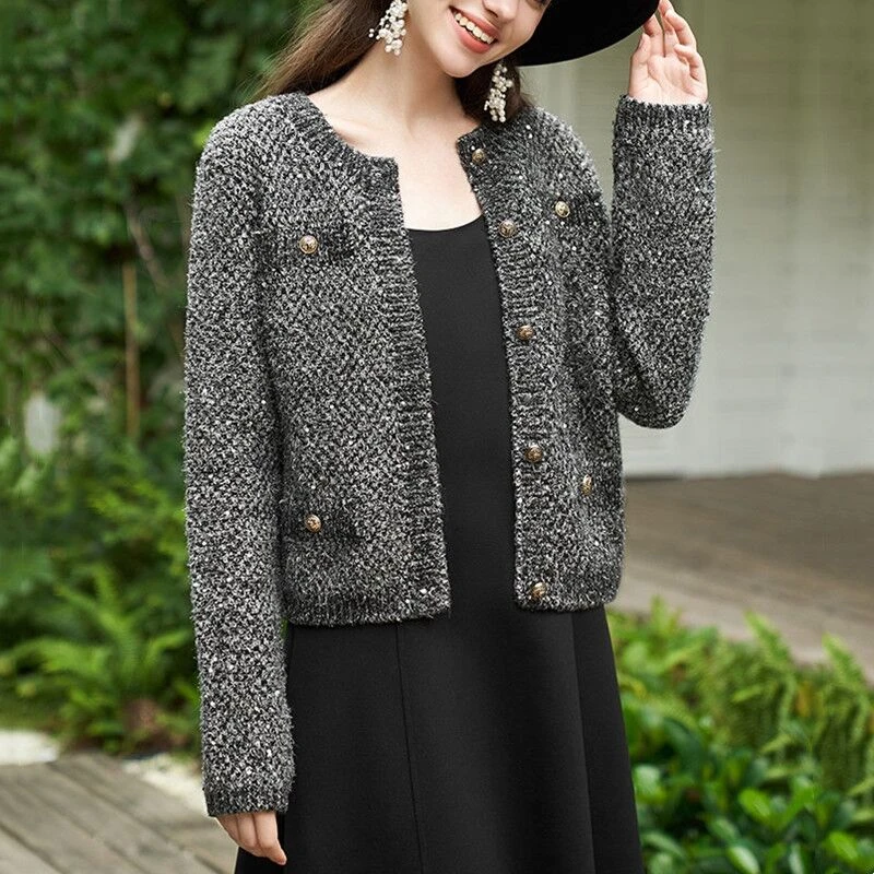 商场同款女装秋冬季百搭葱纱金属扣气质小香风针织开衫毛衣外套女