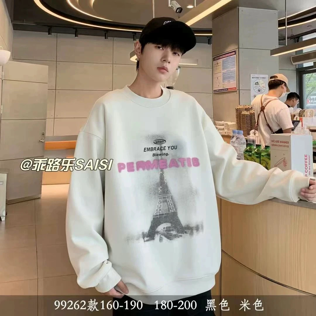 2024冬款乖路乐男大童青少年潮牌灯塔印花一体绒T恤宽松加厚卫衣