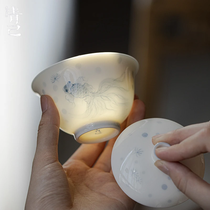 青己白瓷盖碗釉下彩青花纯手绘描白金边文人器鱼羡满塘惜梦泡茶碗