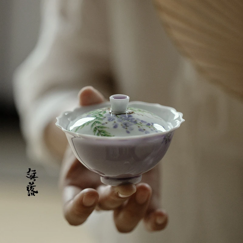 无落木槿紫手绘盖碗釉下粉彩紫藤花泡茶碗薄胎手工花口泡茶碗家用