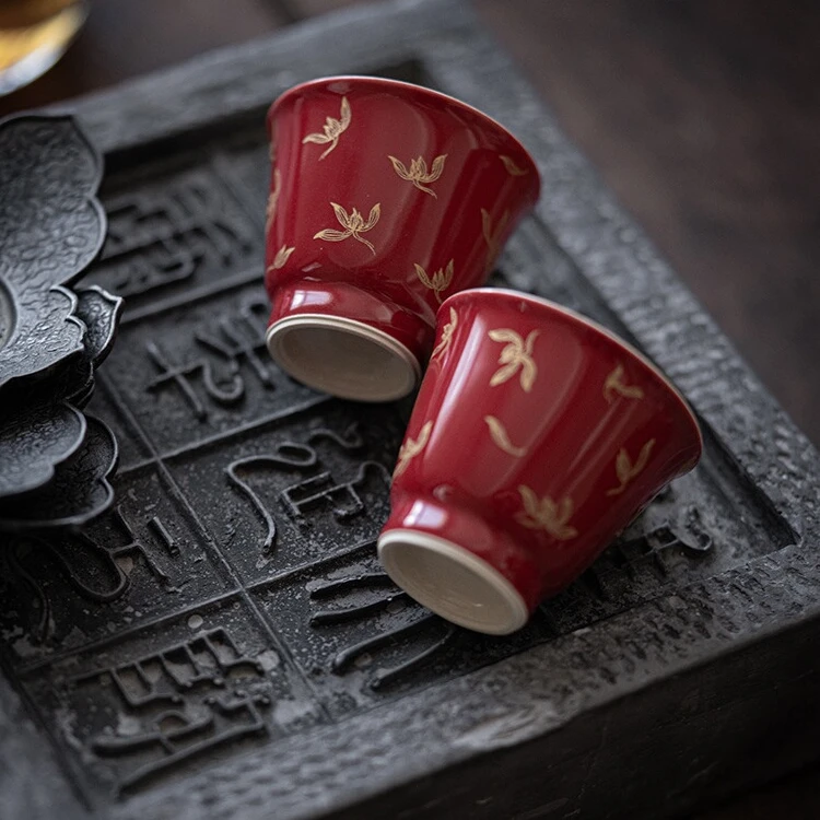 墨己郎红烫金品茗杯陶瓷品茶杯小号秋水兰花雅致单杯喝茶小杯家用