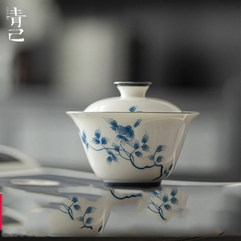 青己 玉泥白瓷手绘青花盖碗 功夫茶具陶瓷文人器泡茶碗 萍踪雅歌