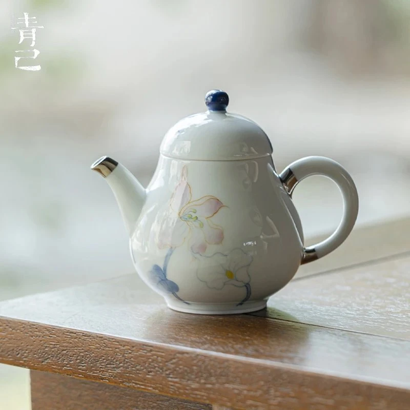 青己釉下彩玉泥白瓷夕颜夫人秋水壶精工手绘手彩中式陶瓷茶壶