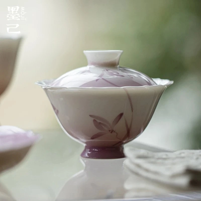 墨己渐变紫纯手绘陶瓷高足盖碗釉下彩彩兰花泡茶碗手工花口手抓碗
