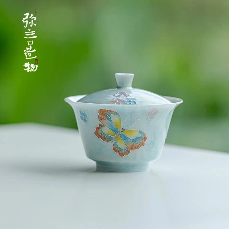 如伶 有田烧工艺手绘蝴蝶茶碗釉下彩浮雕手工茶碗不烫手功夫茶具