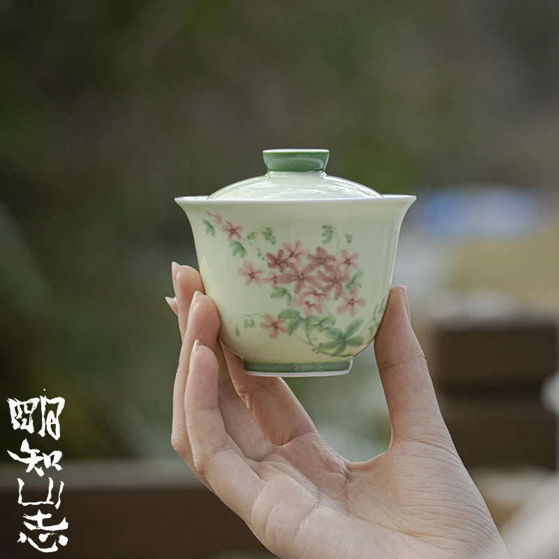 明知山志 仿古手绘陶瓷文人器盖碗 功夫茶具家用杏喜子泡茶碗