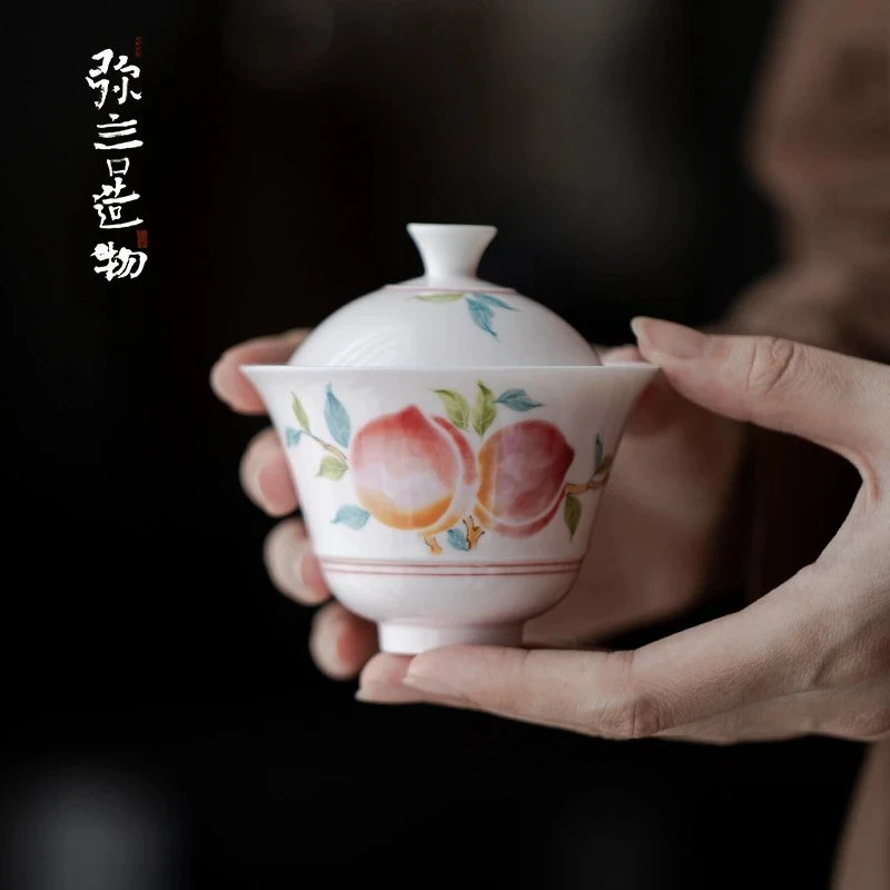 如伶釉下彩手绘桃子盖碗寿桃手工陶瓷薄胎泡茶碗中式简约功夫茶具