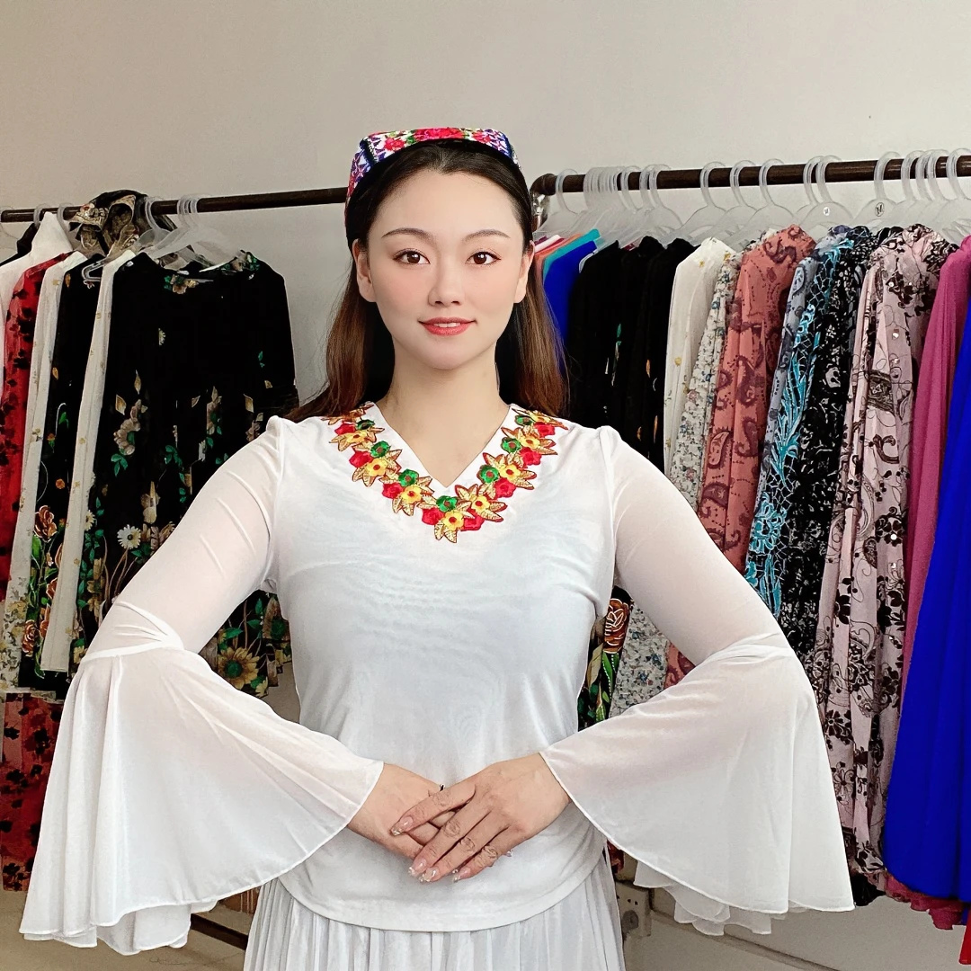 【厂家直销】新款新疆民族风大袖花边领/高支高密弹力网纱上衣