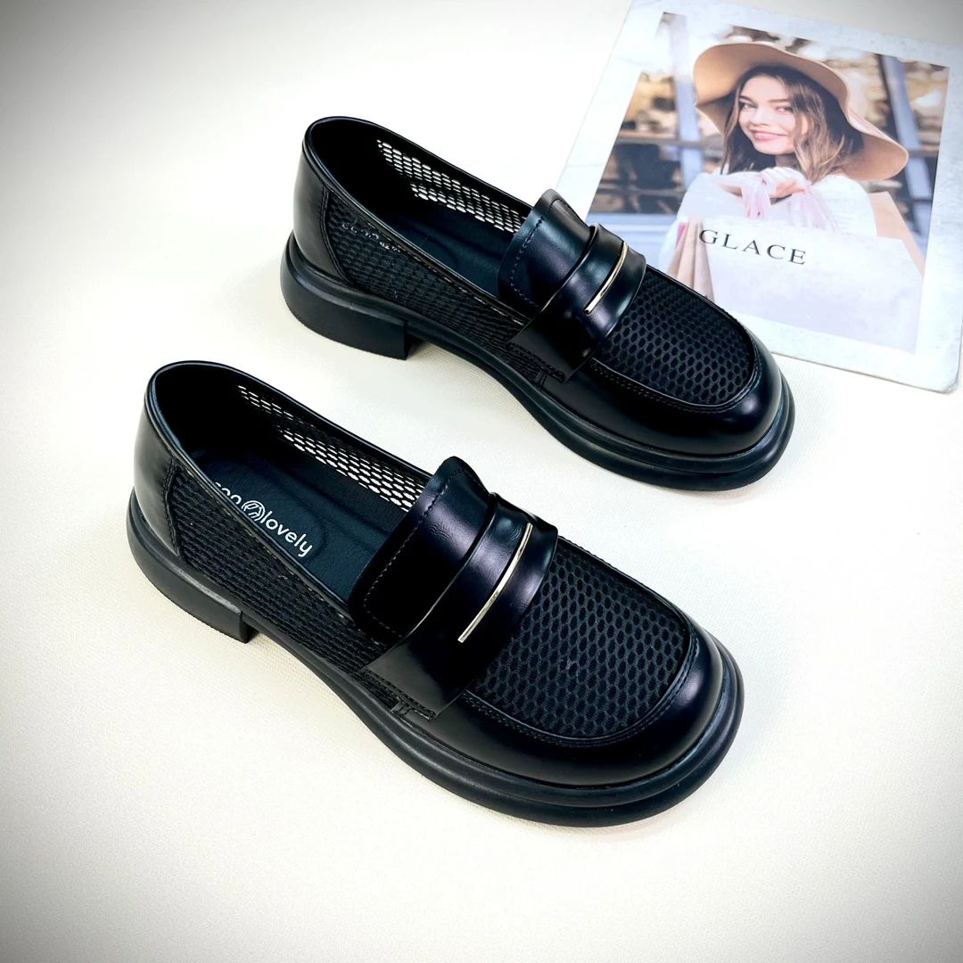 黑色网纱乐福鞋女2024春夏新款透气百搭厚底单鞋镂空英伦风小皮鞋