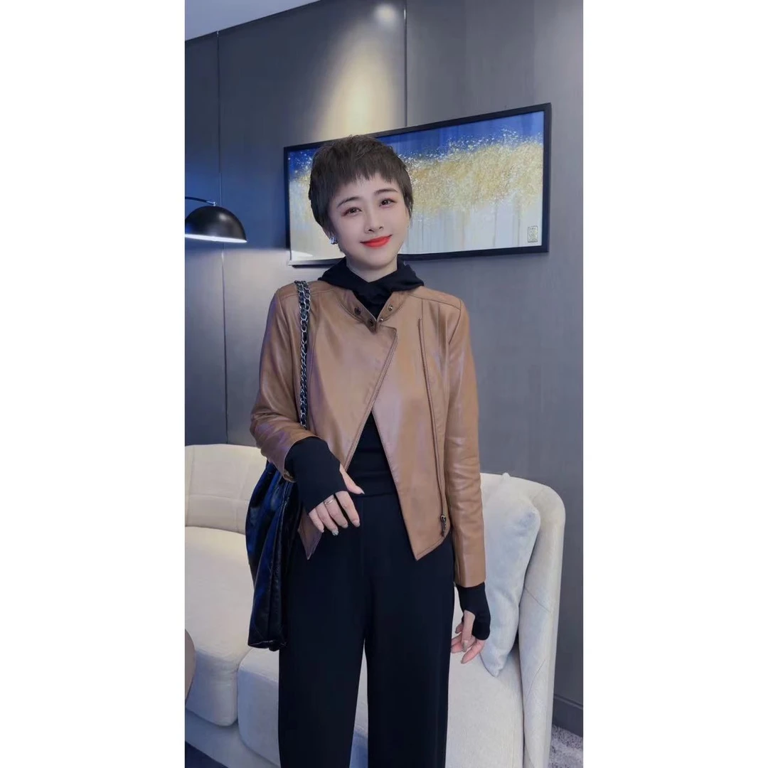 静姐【时尚穿搭】秋款复古高货澳皮拉链立领洋气收腰显瘦皮衣22818