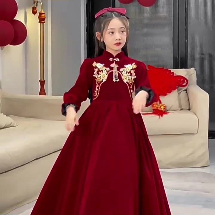 儿童礼服中式公主裙红色女童高端主持人钢琴演奏演出服过年拜年服