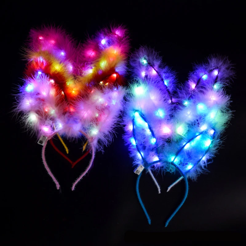 爆款加长14灯发光羽毛兔耳朵发箍夜市景区演唱会发光头饰厂家直销