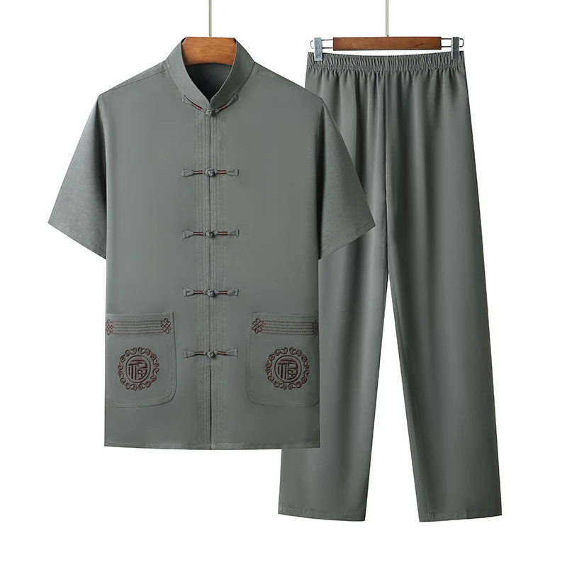唐装男夏季短袖中老年冰丝套装男高品质宽松国风爷爷爸爸轻薄透气