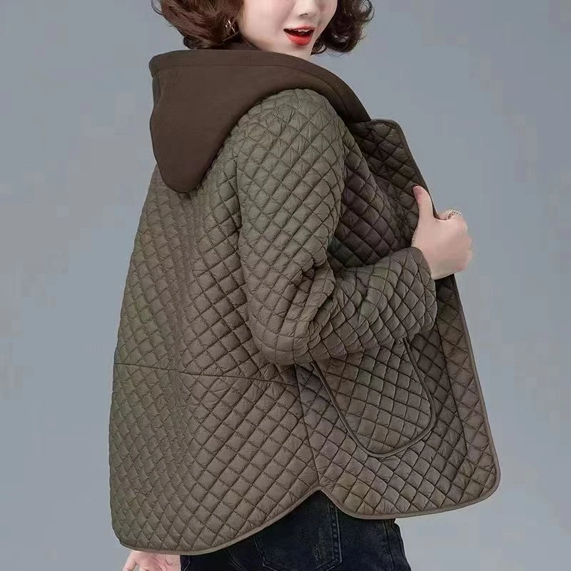 秋冬连帽棉衣休闲百搭菱格妈妈女士棉服时尚宽松外套