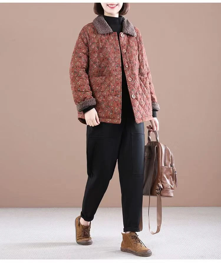 秋冬季时尚洋气加绒加厚棉麻碎花宽松短款长袖棉衣外套妈妈装