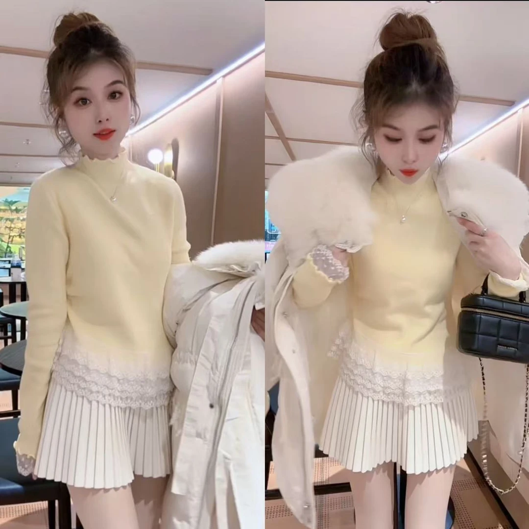 【月月专属】心动信号.拼接蕾丝边半高领毛衣XXJ-YG001029