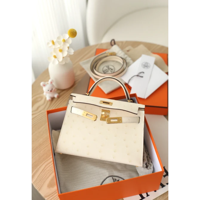 全新未使用 Hermes/爱马仕 二代18B刻 鸵鸟皮奶油白金扣女包my