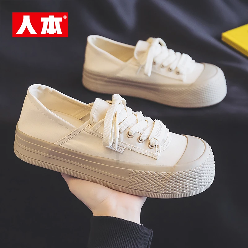 人本帆布鞋女2024新款夏季厚底透气女学生两穿休闲百搭小白板鞋子
