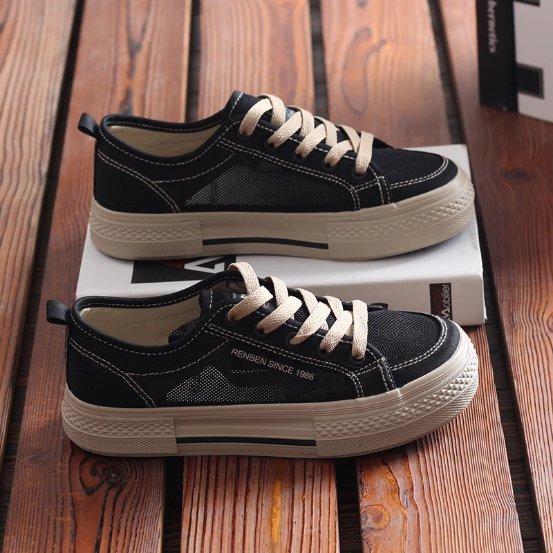 人本透气女鞋黑色2024新款夏季休闲百搭网面板鞋子女款网鞋韩版鞋