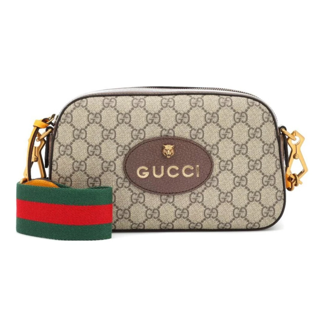 99新 GUCCI/古驰 虎头老花Logo帆布相机包单肩斜挎包