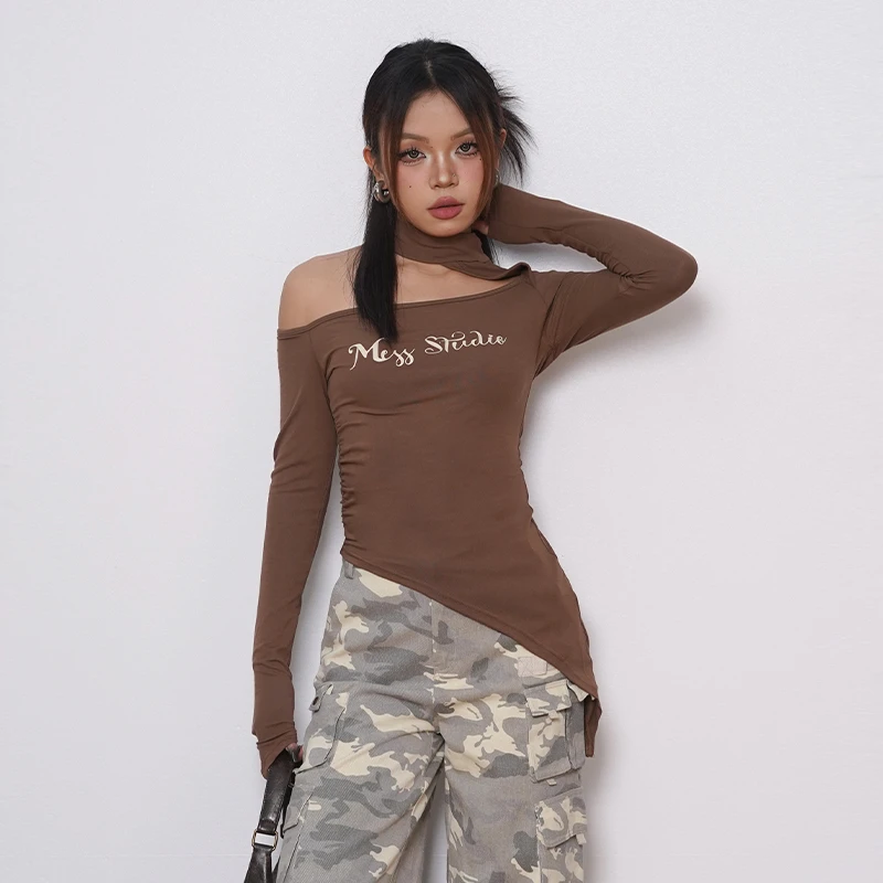 Mess Age Lab欧美辣妹时尚百搭显身材单侧腰身压褶不对称打底长袖