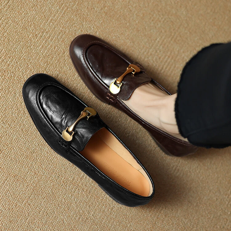 2.5cm羊皮简约时尚百搭圆头乐福鞋春季真皮通勤休闲软底黑色单鞋