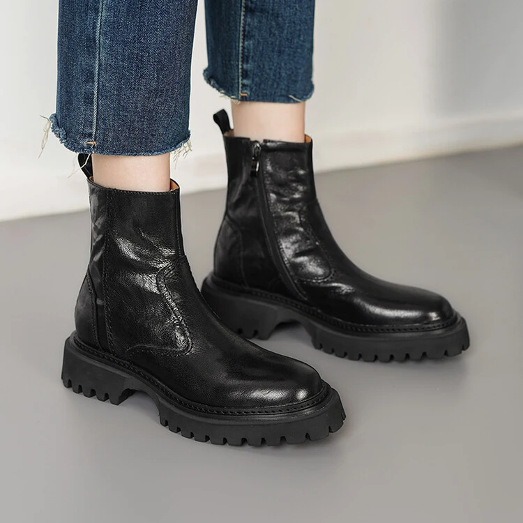 5cm 黑色休闲舒适百搭软底侧拉链短靴秋冬英伦风复古时尚圆头厚底
