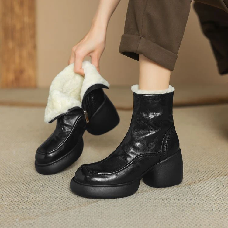 8cm 复古百搭侧拉链舒适保暖短靴秋冬英伦风通勤休闲时尚高跟短靴