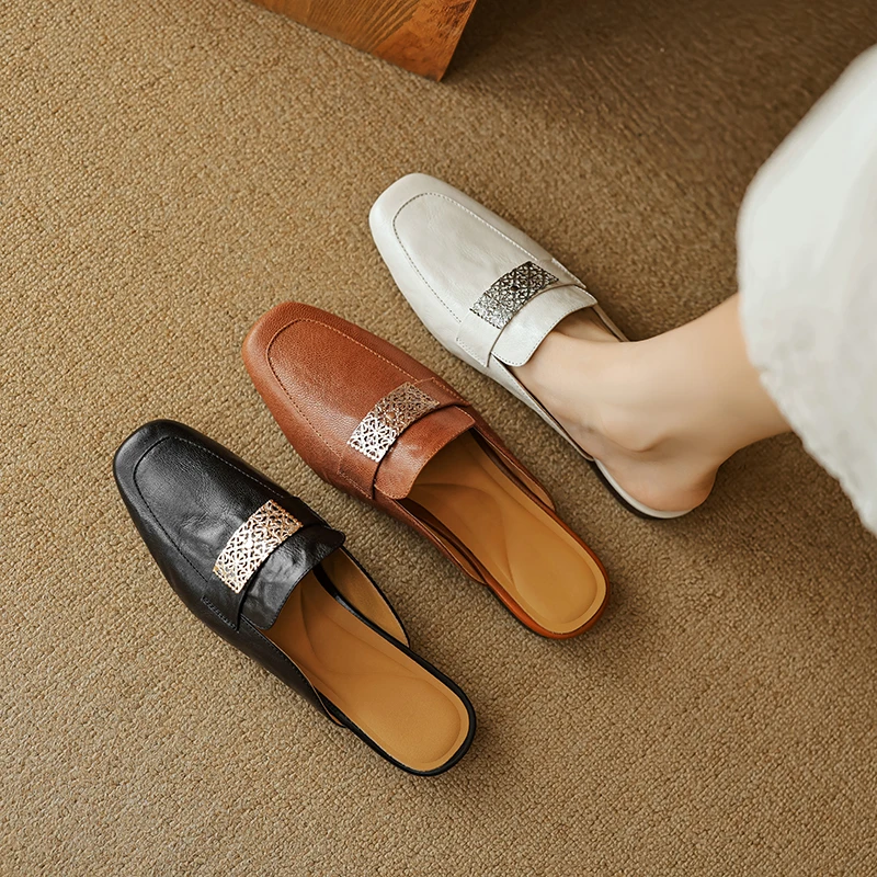 2CM头层羊皮方头粗跟软底包头半拖凉鞋女低跟夏季穆勒拖鞋平底拖