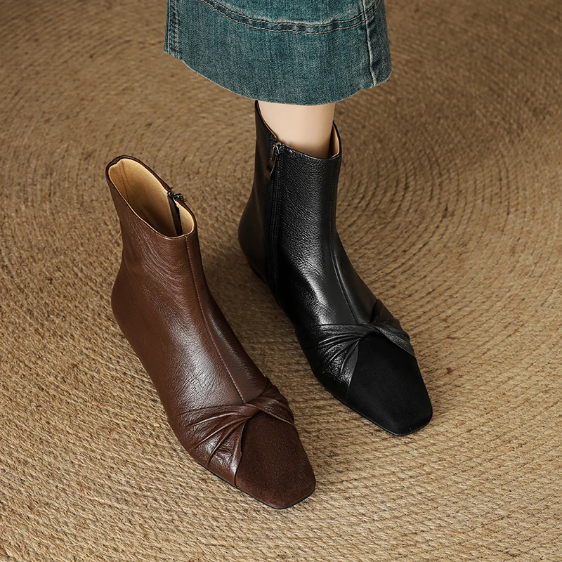 2.5cm头层羊皮方头粗跟短靴女拼接磨砂矮跟瘦瘦靴时装靴平跟秋冬