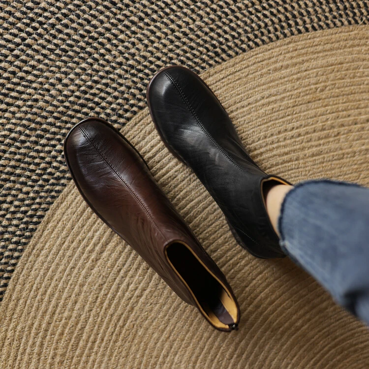 5cm 简约百搭圆头粗跟后拉链短靴秋季新款通勤休闲舒适软底瘦瘦靴