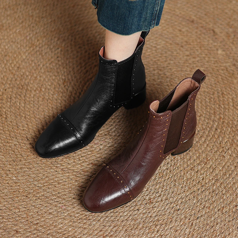 4cm头层羊皮圆头粗跟切尔西靴铆钉中跟黑色瘦瘦靴英伦风短筒靴子