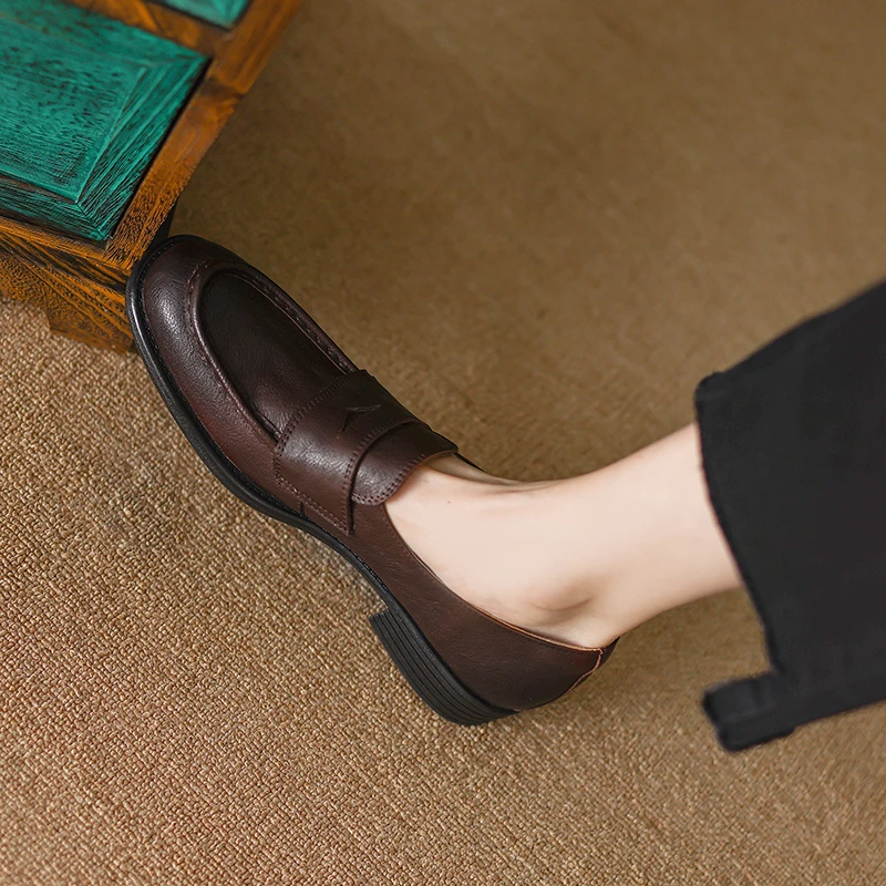 3cm法式晚风圆头厚底乐福鞋百搭黑色单鞋女春秋舒适真皮软底中跟