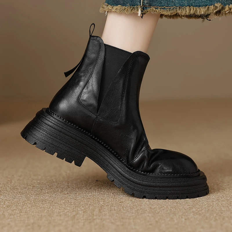 5厘米松糕厚底切尔西短靴女舒适黑色复古圆头秋冬保暖马丁靴真皮